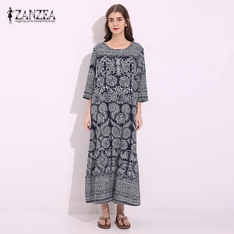 ZANZEA винтажное женское летнее платье с рукавом 3/4, свободные хлопковые льняные карманы с цветочным принтом, ретро прямое длинное платье макси размера плюс