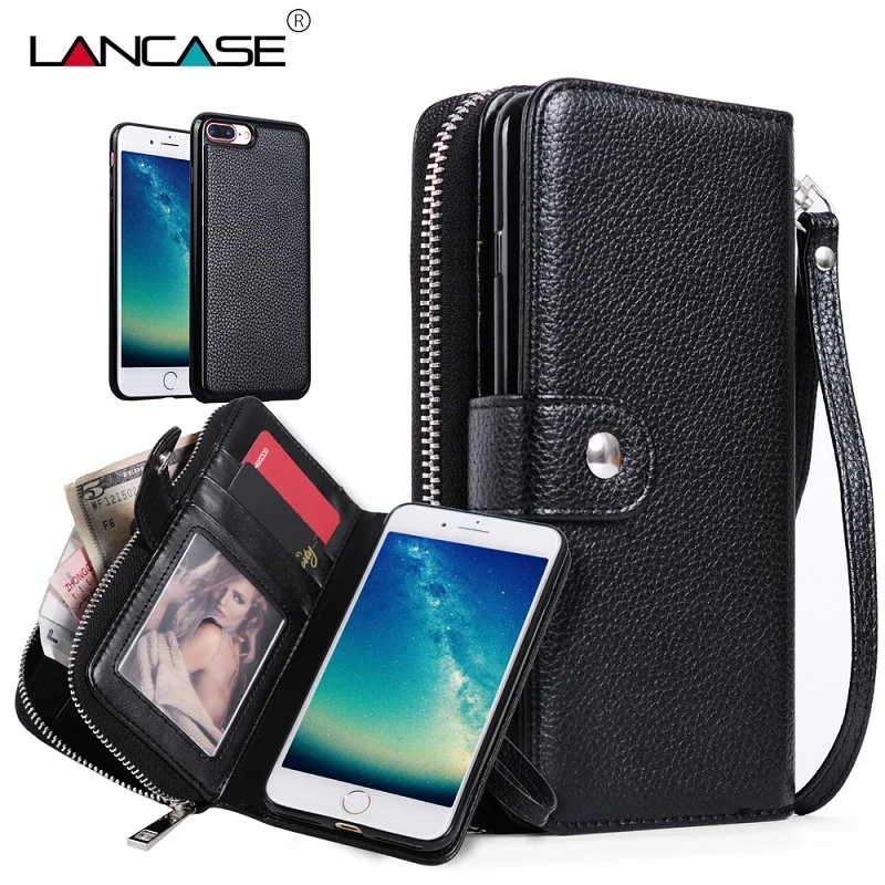 

LANCASE For iPhone 7 Case Leather 2 in 1 Detachable Wallet Case For iPhone 7 Plus 6 6S Plus 5 5S Case Zipper Lanyard Flip Cover