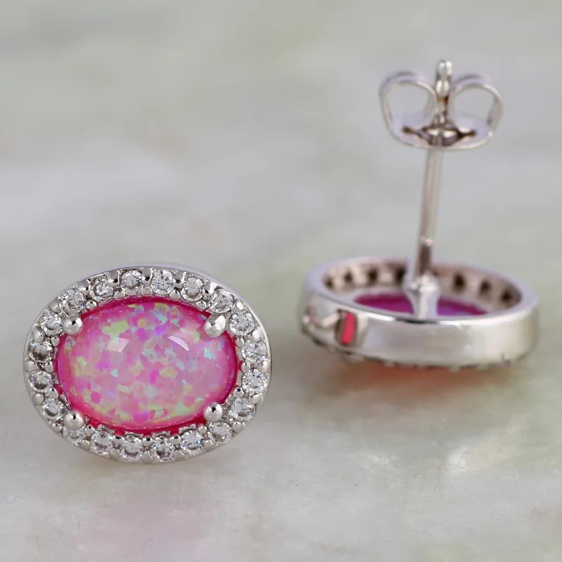 

New Statement Jewelry Pink Fire Opal Created Stamp Silver Color Overlay Stud Earrings For Women E376