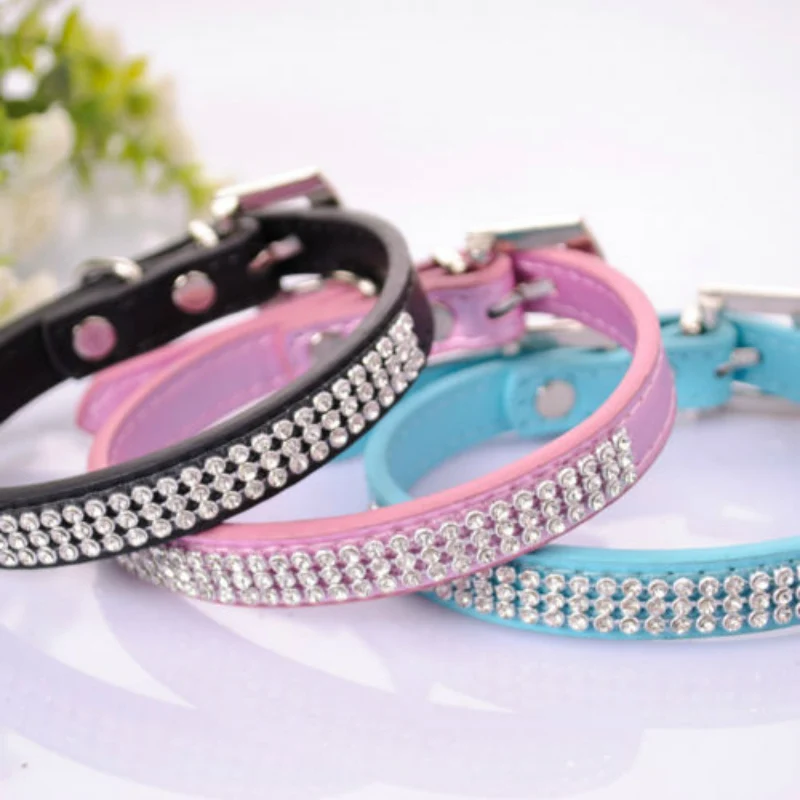 3 Rows Bling Rhinestone Small Pet Dog PU Leather Buckle Cute Cat Crystal Collar | Дом и сад