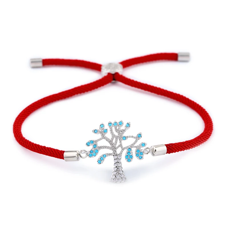 Silver ( Red Rope) Браслет с циркониевым деревом жизни, граница камней CZ, регулируемые красные черные браслеты с подвесками для женщин, счастливые ювелирные изделия brt-b04 - Окраска металла: Silver ( Red Rope)