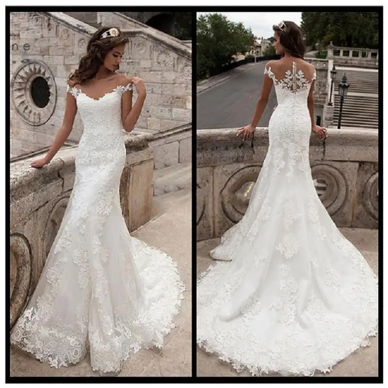 

New Arrival Lace Mermaid Wedding Dress 2021 Vestidos De Novia Illusion Back Custom Made Wedding Gowns Sweep Train Bridal Dresses
