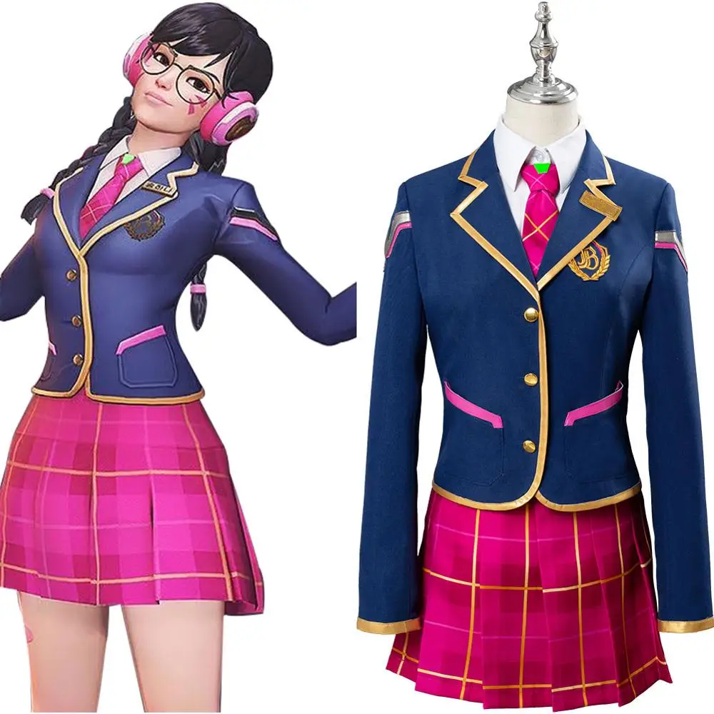 

OW Hana Song Cosplay Costume DVA Academy Suit Dress School Uniform Girls Outfit Glasses Adult Halloween Carnival Costume