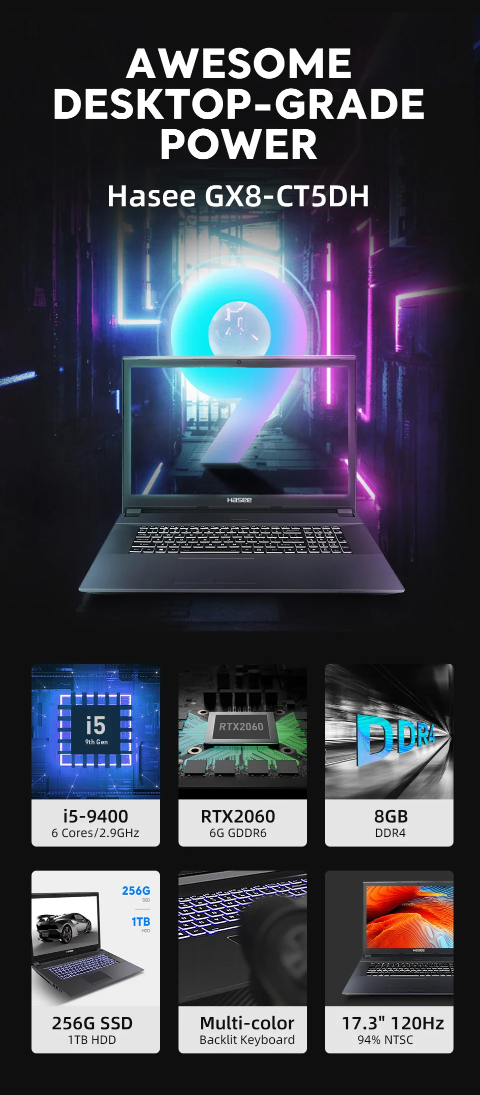 Ноутбук hasee GX8-CT5DH для игр(Intel Core I5-9400+ RTX 2060/8GB ram/256G SSD+ 1T HDD/17,3 ''120Hz 94% NTSC) GOD OF WAR