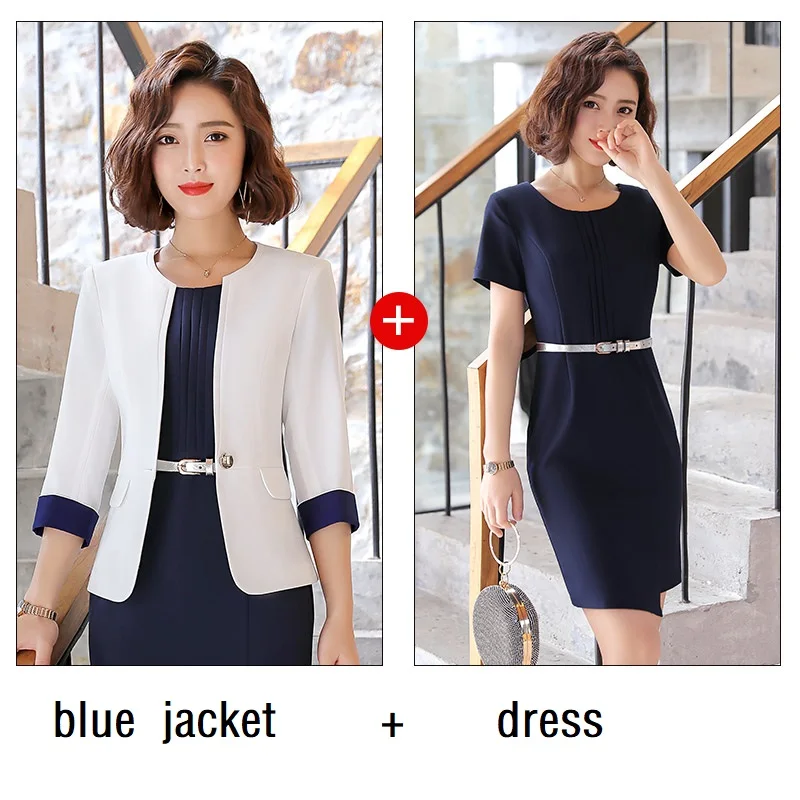 blue jacket dress Женские костюмы, приталенные весенние платья с принтом и рукавом до локтя, комплект из 2 предметов, деловые Деловые женские платья, костюмы, женские комплекты, костюмы - Цвет: blue jacket dress