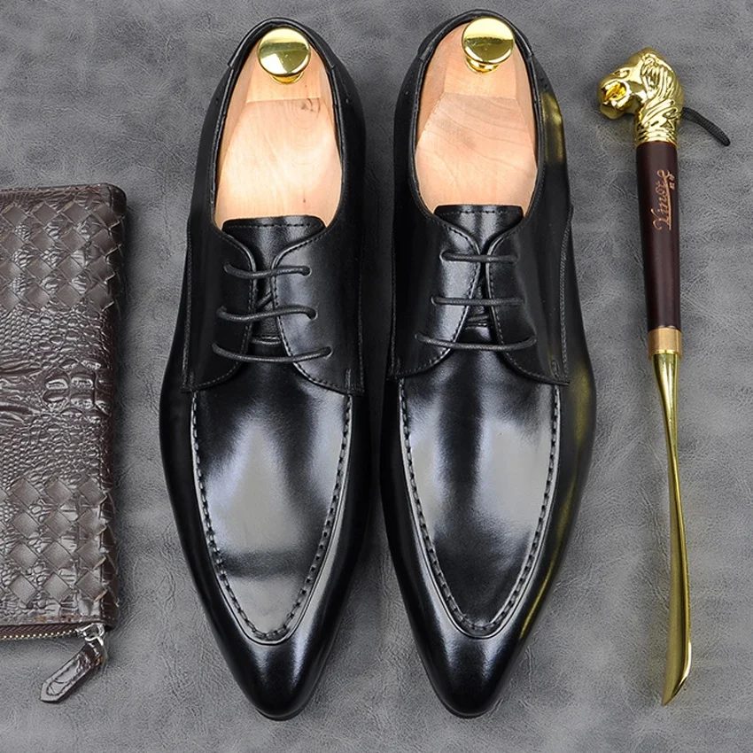

Classic Genuine Leather Formal Men's Derby Oxfords Shoes Italian Designer Pointed Toe Handmade Office Party Footwear AM156