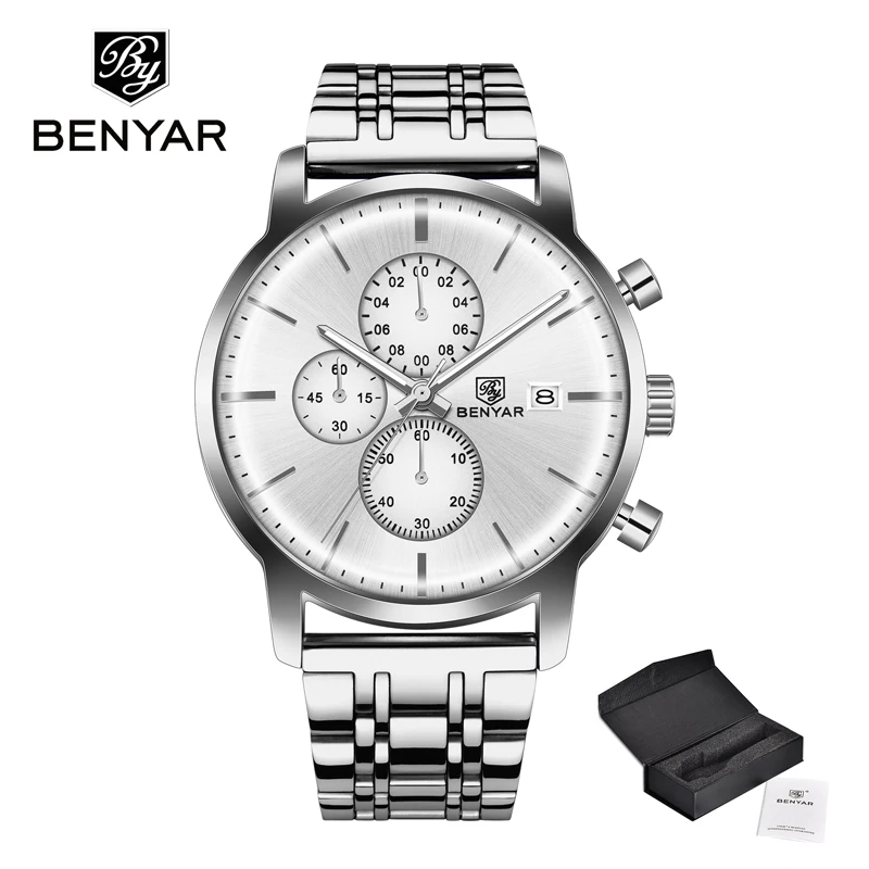 Silver White S BENYAR мужские часы Новые Топ брендовые Роскошные хронограф спортивные часы мужские часы водонепроницаемые/Кварцевые/часы Relogio Masculino - Цвет: Silver White S