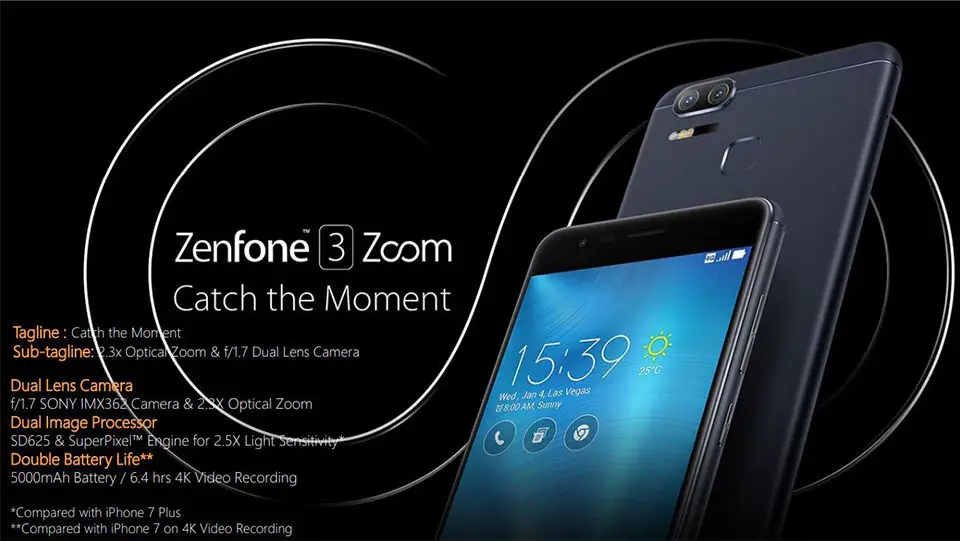 Мобильный телефон ASUS Zenfone 3 Zoom ZE553KL, 4 Гб ОЗУ, 5,5 дюймов AMOLED FHD, Snapdragon625, 5000 мА/ч, двойной 12 МП, камера с оптическим зумом, телефон