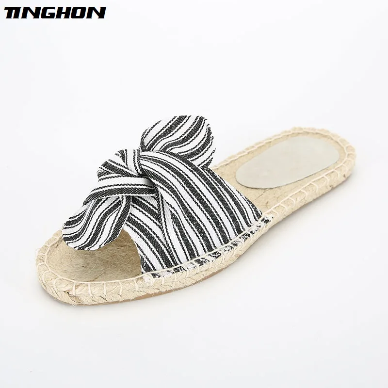 

Fashion Ethnic Casual Espadrilles Bow Flat New Women Spring Printed Stripe Slip on Fishermen Hemp Rope Shoes 35-43