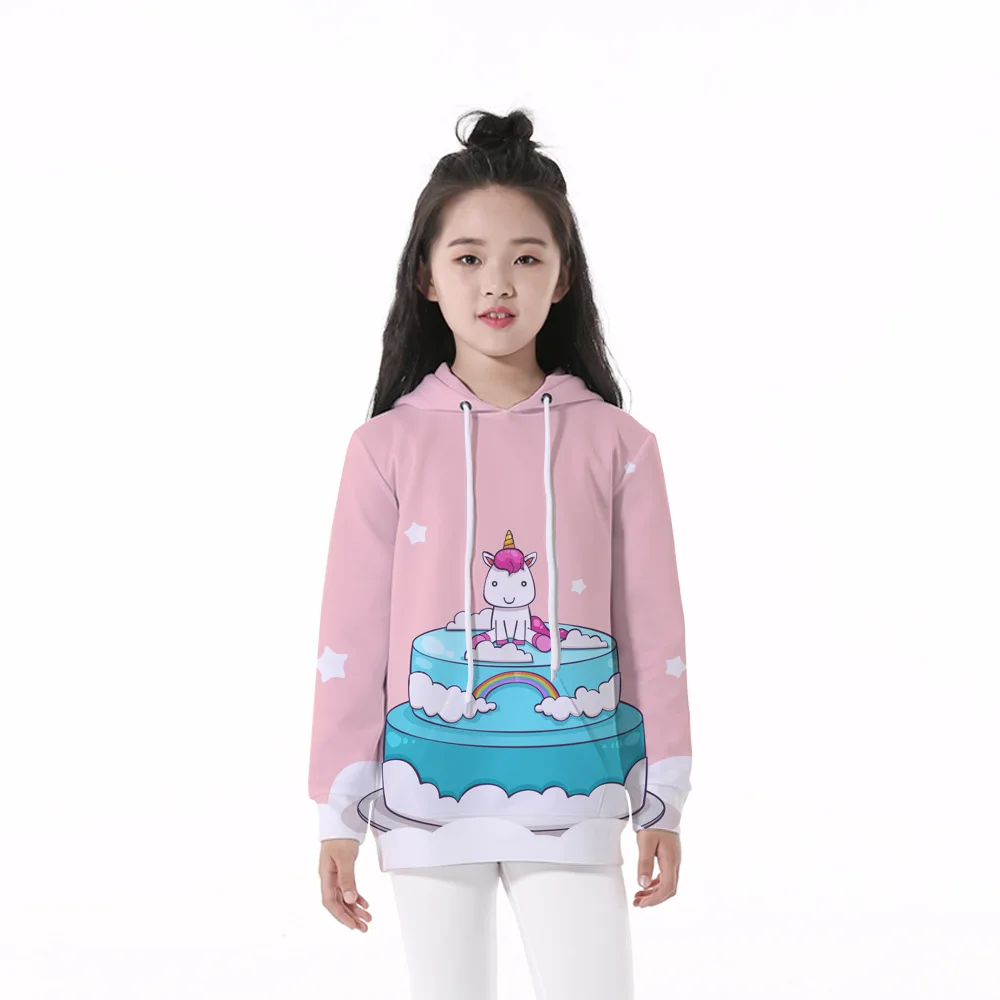 

Girls 4-12 Years Spring Autumn Hooded Long Sleeve 3D Digital Print Cake & Unicorn Pattern Hoodies Casual Loose Fit Girls Hoodies
