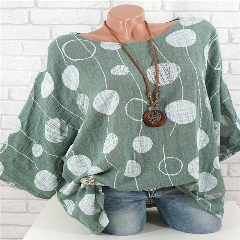 Casual Women Batwing Sleeve Blouse 2019 Summer O Neck Long Shirt Tops Ladies Plus Size Dot Point Print Femme Bluas | Женская одежда