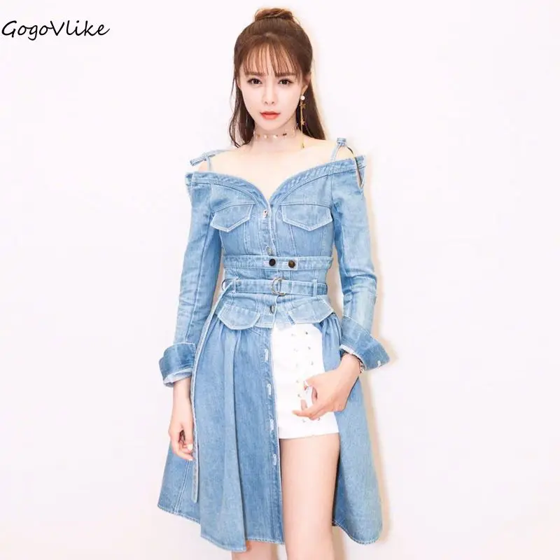 Женское джинсовое платье с поясом длинным рукавом и открытыми плечами|vestido off|dress