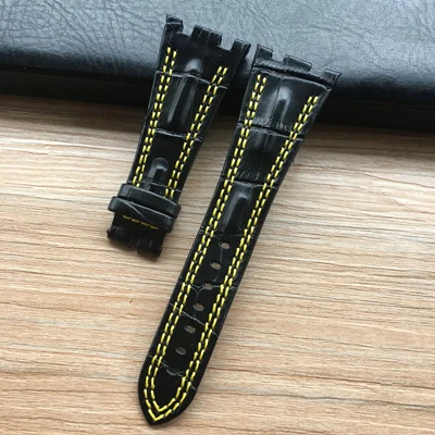 Black Yellow Line Для AP ремешок 28 мм чёрный; коричневый с белый желтый, двух стежков часы с ремешком из натуральной кожи, браслет с застежка-бабочка - Цвет ремешка: Black Yellow Line