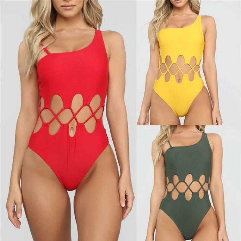 

Women's Bikini Ladies Sexy Bandage Strap Suspenders Swimsuit Hollow Solid Color Swimwear Vintage Bathing Suit Beachwear Bodysuit