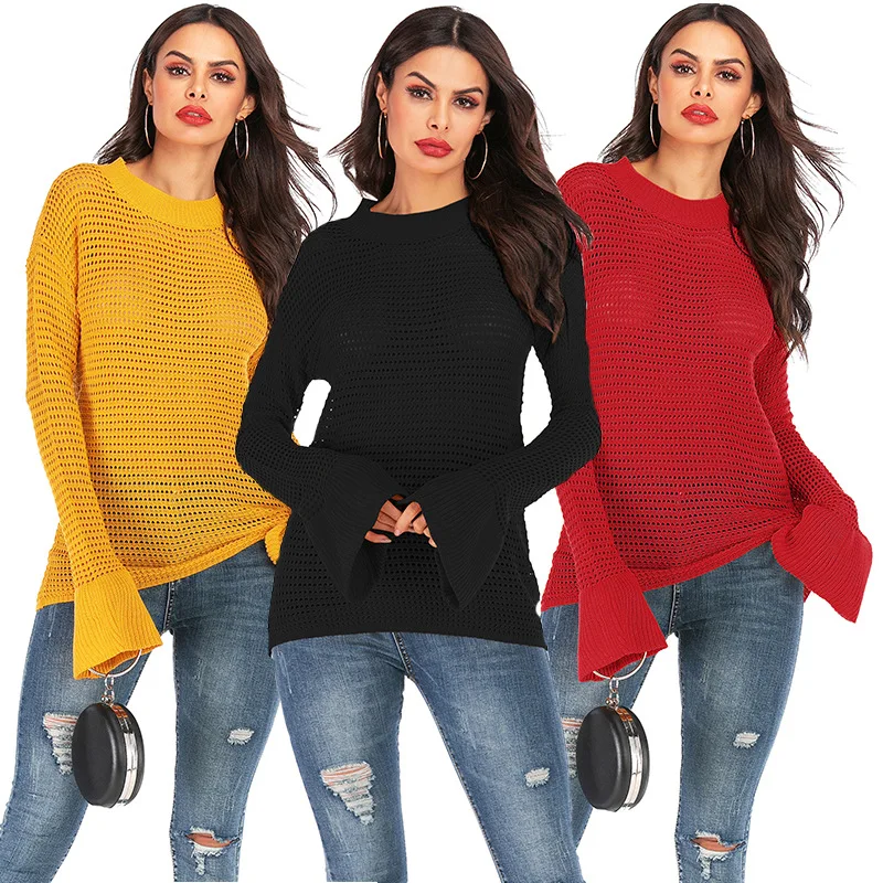 Suvance 2019 осенний Повседневный вязаный свитер с О-образным вырезом и расклешенными