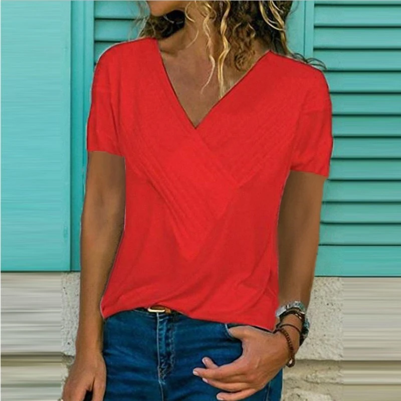 Women's Summer Blouses 2019 Slim Fit Stitching V-Neck Short-Sleeved Solid Color Top Sexy Fashion Women T Shirt | Женская одежда