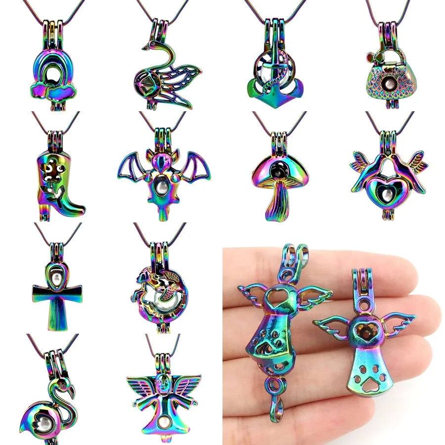 

22'' Steel Snake Chains Rainbow Anchor Swan Bird Angel Cross Mermaid Frog Pearl Beads Cage Perfume Locket Pendant Necklace
