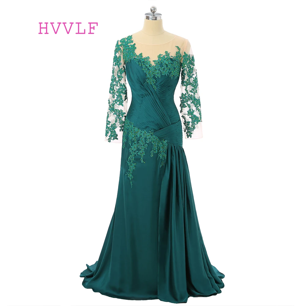 

Real Photo Green Mother Of The Bride Dresses Mermaid Long Sleeve Appliques Beaded Groom Long Mother Dresses For Wedding