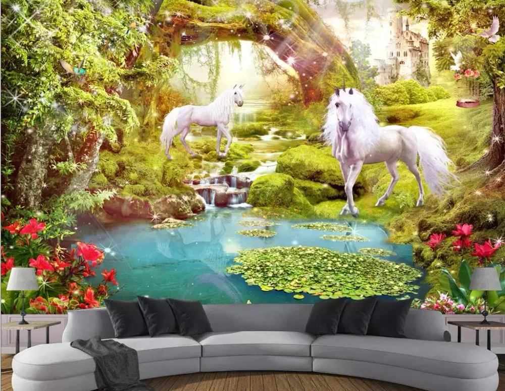 3d фотообои для гостиной дивана леса Белая лошадь на заказ 2019 | Обустройство дома