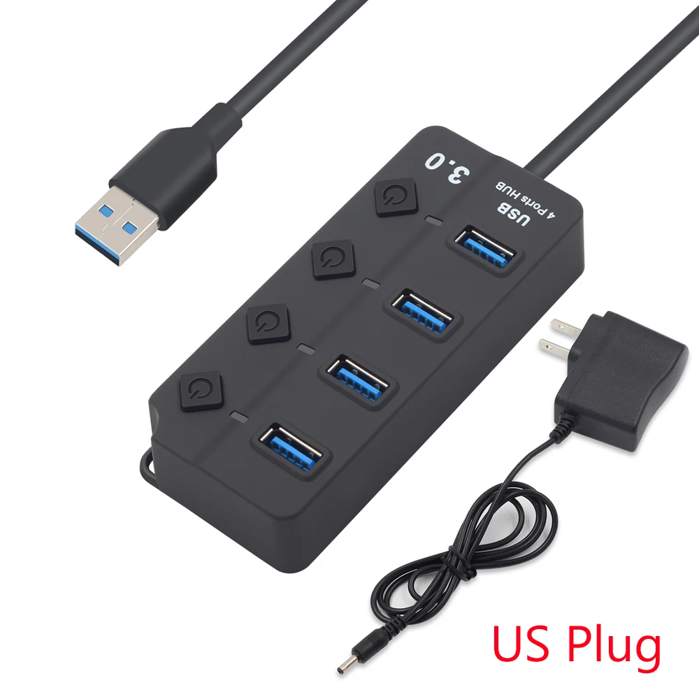 4 ports US Plug 4/7 порт USB 3,0 концентратор разветвитель usb-хаб 3,0 с индивидуальными переключателями питания светодиодный индикатор ЕС США адаптер питания для ноутбука MacBook - Цвет: 4 ports US Plug