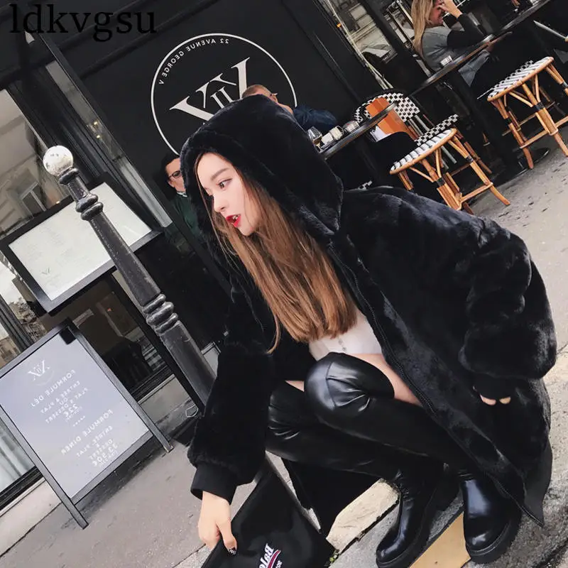 black Cardigan Женская зимняя куртка из искусственного меха норки, пальто с капюшоном, модное роскошное пальто с капюшоном, женское Элегантное зимнее пальто, женское меховое пальто с капюшоном V84 - Цвет: black Cardigan