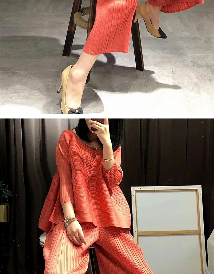 Changpleat свободные женские комплекты Miyak плиссированные модные однотонные свободные штаны и футболки из двух предметов женские костюмы плюс Размеры прилив