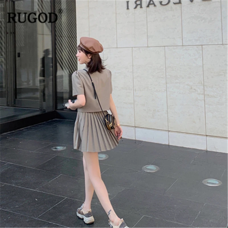 RUGOD Новое поступление женский однотонный Модный комплект с пышными рукавами короткая куртка, костюм гофрированный складчатый мини Skrt сладкий темперамент лето