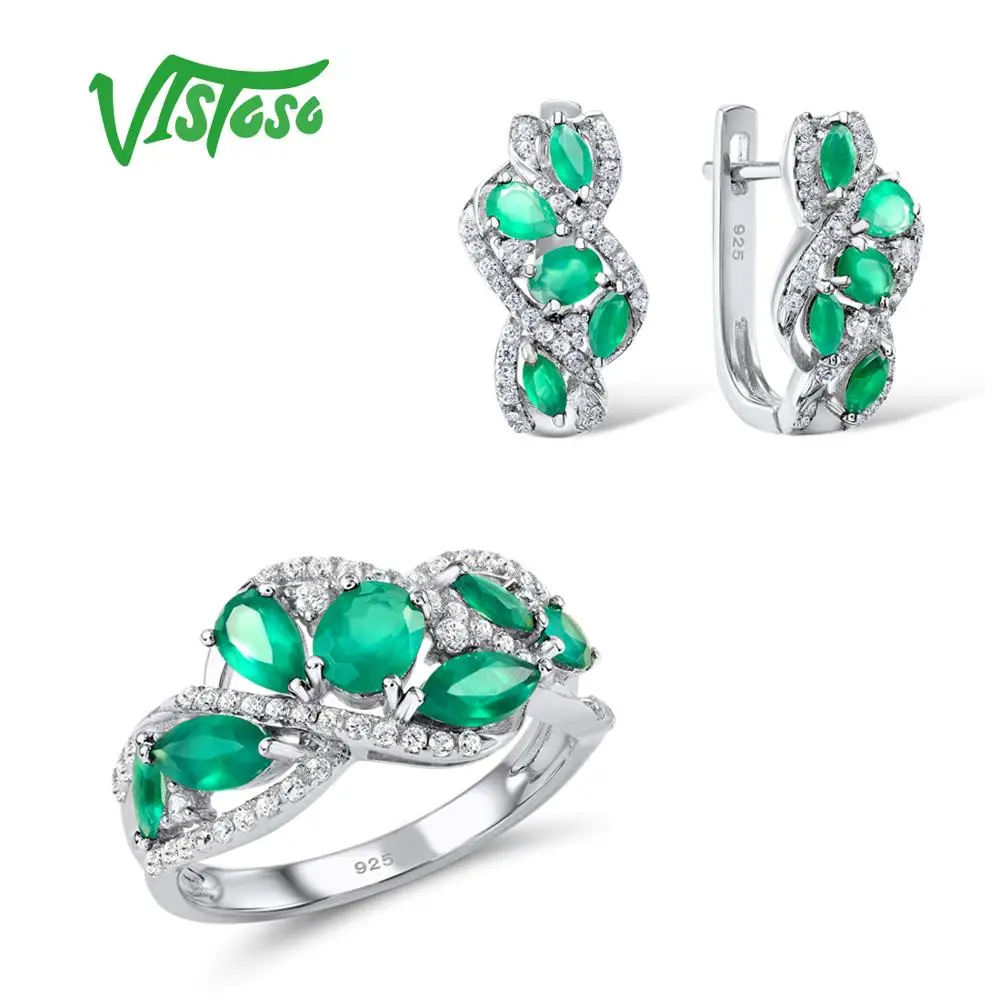 VISTOSO Ювелирные наборы для женщин Зеленый Халцедон белый изделия из циркона набор