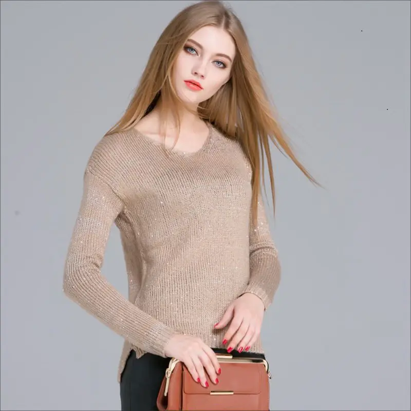 Charming Lady Women Pullover Acrylic Sequined Knitted Elegant Sweater O-Neck Long Sleeve Asymmetric Hem Pullovers Jumper M463Z | Женская
