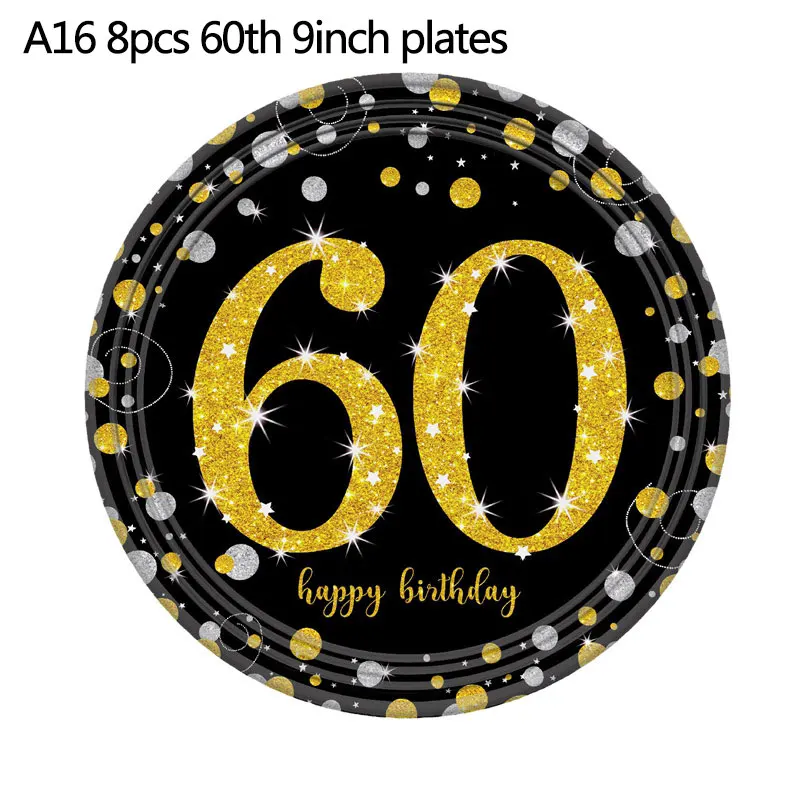 A16 9inch plates 18/21/31/40/50th черный золотой счастливый посуда для вечеринки в честь Дня Рождения наборы скатерть чашки тарелки салфетки Свадебные принадлежности для юбилейной вечеринки - Цвет: A16 9inch plates