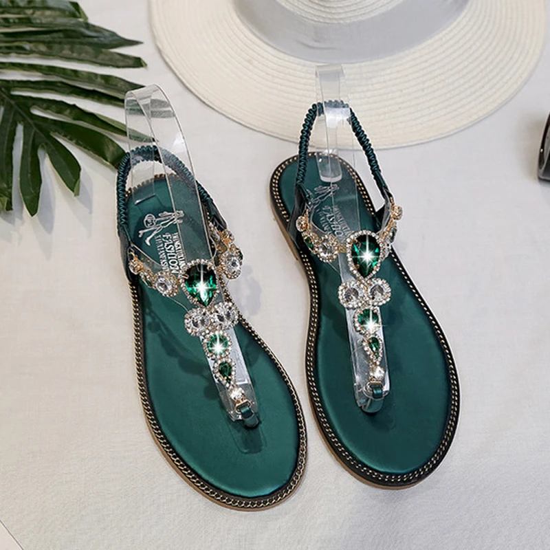 Женские однотонные сандалии на плоской подошве без шнуровки украшения с камнями