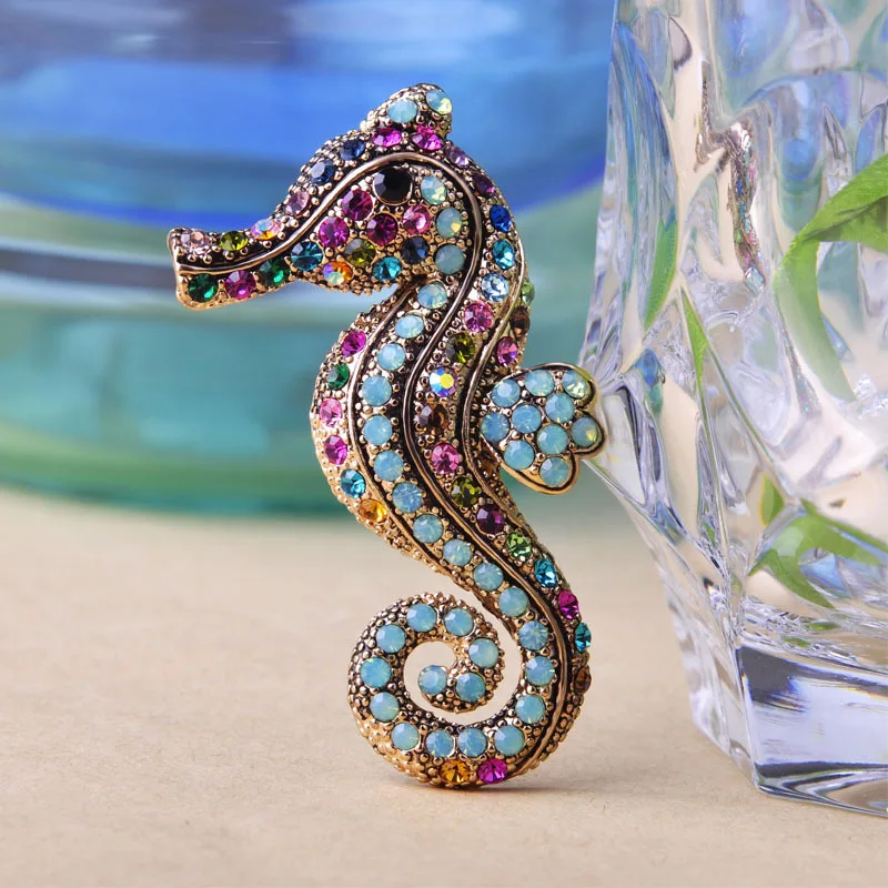 Antique Gold Blue Хорошее качество, Женские винтажные броши, ювелирные изделия, антикварные серебряные синие Броши с австрийскими кристаллами, булавки, брошь в виде морского конька, хиджаб, аксессуары - Окраска металла: Antique Gold Blue
