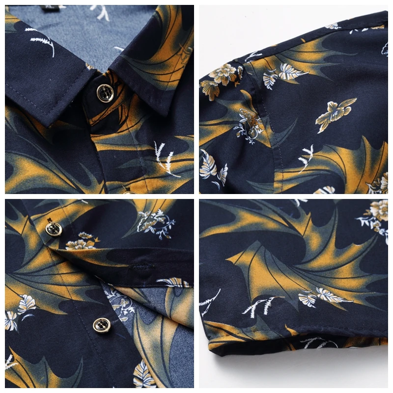 

JZ CHIEF 100% Polyester Printed Floral Dress Shirt Men Long Sleeve Spring Autumn Casual Button Down Shirt Slim Fit Plus Size 7XL