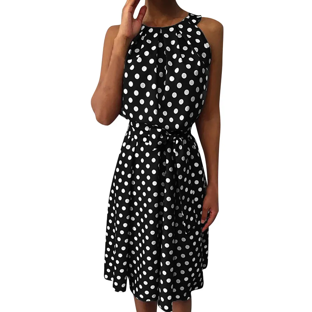 Женское платье с лямкой на шее летнее свободное в горошек Платье До Колена платья