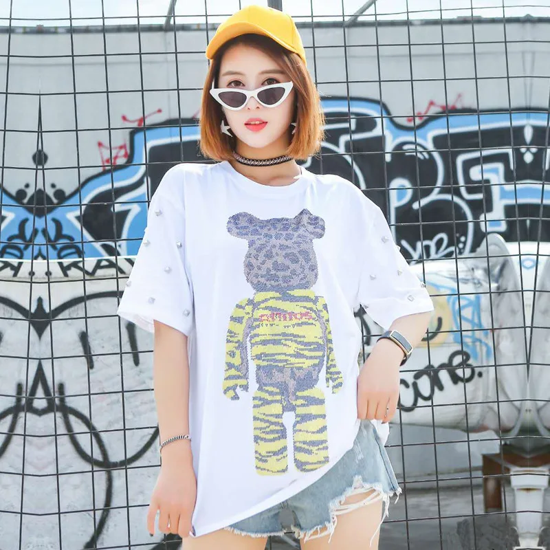 Футболка женская с коротким рукавом и принтом медведя тонким 2019|Футболки| |