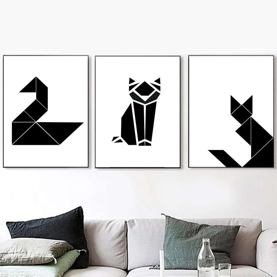 

Abstract Black White Geometric Cat Dog Elephant Wall Art Canvas Painting Nordic Posters And Prints Wall Pictures Kids Room Decor