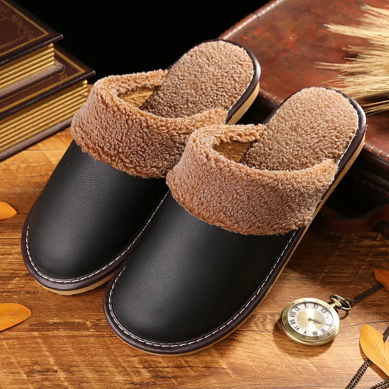 Тапочки из натуральной кожи с камнями Женские нескользящие теплые плюшевые