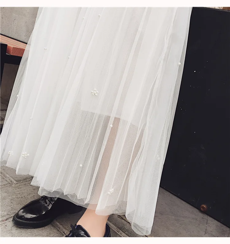 Faldas Mujer Moda корейский Бисер плиссированная юбка Высокая Талия Длинные юбки, женские Юпи Тюль Femme, Spodnica plisowana