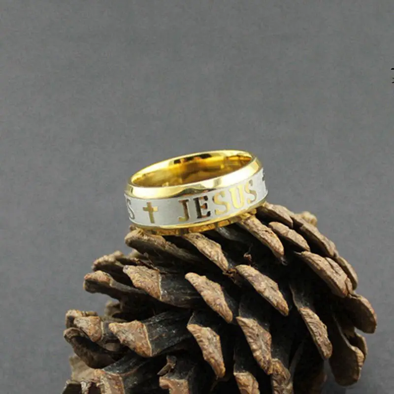 Модные кольца из титановой стали Золотое модное кольцо с надписью JESUS для модных