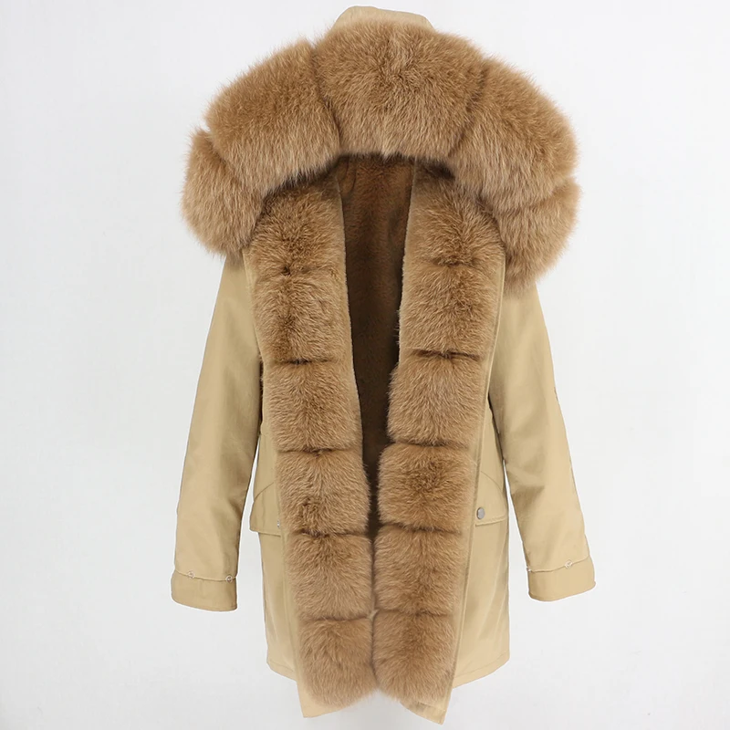 brown camel Пальто из натурального меха, водонепроницаемая Женская длинная парка, зимняя куртка для женщин, натуральный Лисий меховой капюшон, воротник, теплая Съемная уличная Роскошная Новинка - Цвет: brown camel