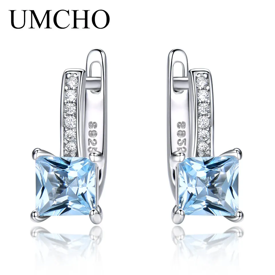 UMCHO, настоящее 925 пробы, серебряные серьги, драгоценный камень, квадратный, создан небесно-голубой топаз, клипсы для женщин, Трендовое ювелирное изделие, Новинка - Цвет камня: Sky Blue Topaz