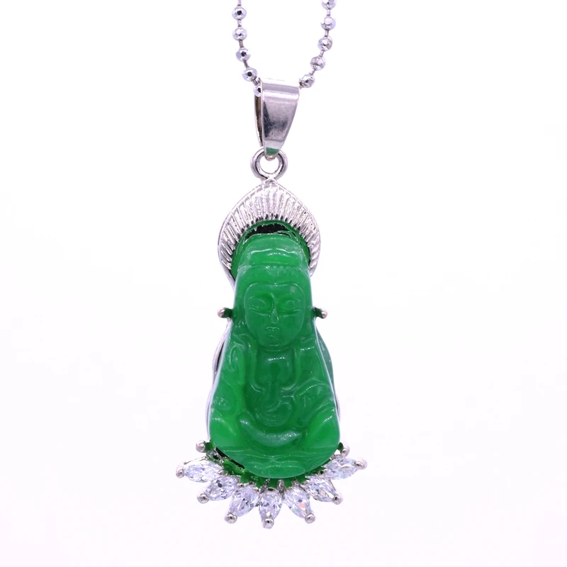 JINYAO модные подвески Guanyin Будда зеленый камень белый золотой цвет кулон ожерелье