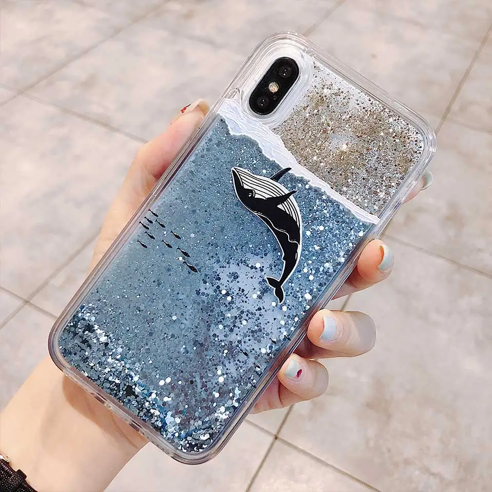 Жидкий зыбучий песок дельфины задние Чехлы для iPhone 6 7 8 Plus телефон чехол X XR XS MAX Capa