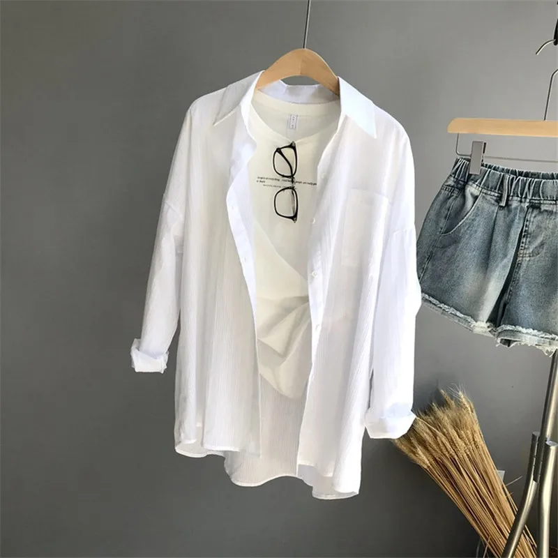 

100% Cotton Casual White Sunproof Blouse Women 2018 Summer Women Long Sleeve White Shirts Blouse High quality Office Blouse Tops