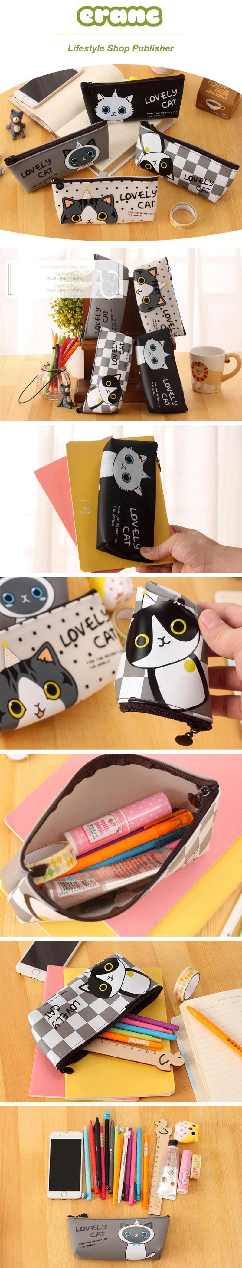 Новая сумка для карандашей с изображением милого кота из мультфильма papelaria, водонепроницаемый чехол для карандашей из искусственной кожи, Канцелярский материал, школьные принадлежности escolor