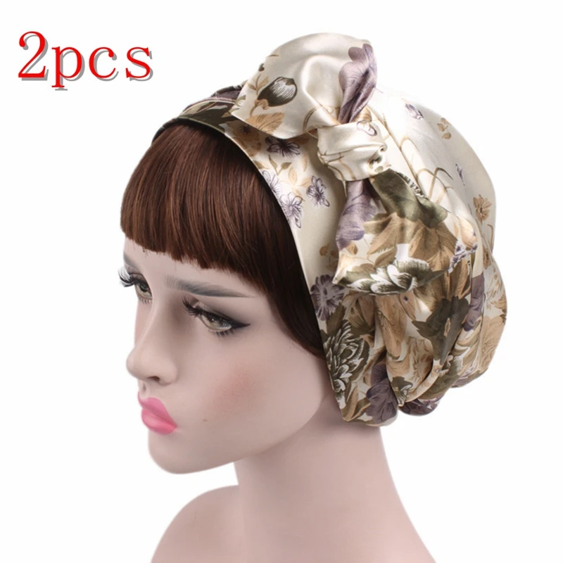 2pcs beige flower 1/2/5/10 шт Мягкий шелк Для женщин ночного сна душ Кепки Регулируемый ухода за длинными волосами капота тюрбан шляпа Мягкая атласная шляпа аксессуары 58 см - Цвет: 2pcs beige flower