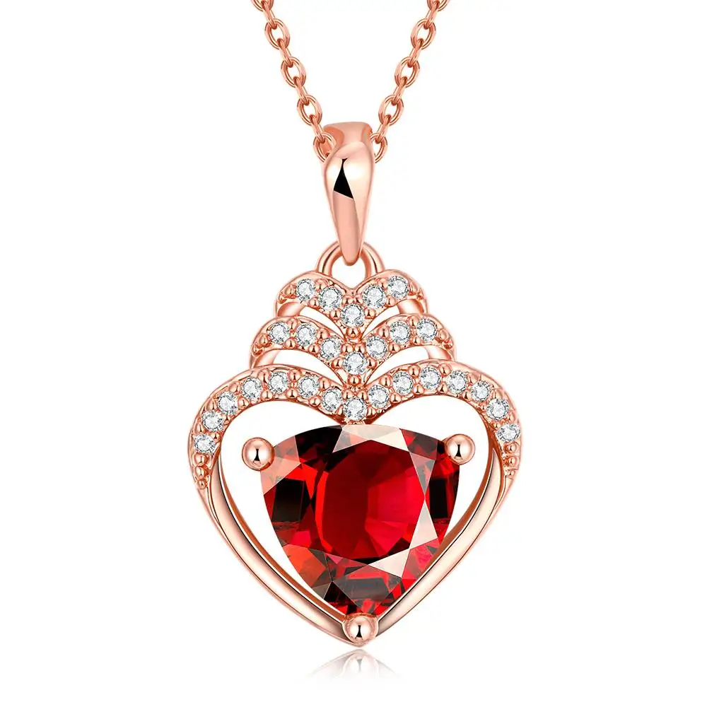 

Elegant Red Zircon Heart Pendant Chain Rose Gold Filled Shiny Womens Pendant Necklace Gift
