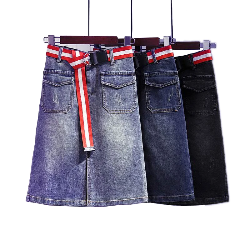 Женская летняя джинсовая юбка с разрезом спереди и поясом | одежда