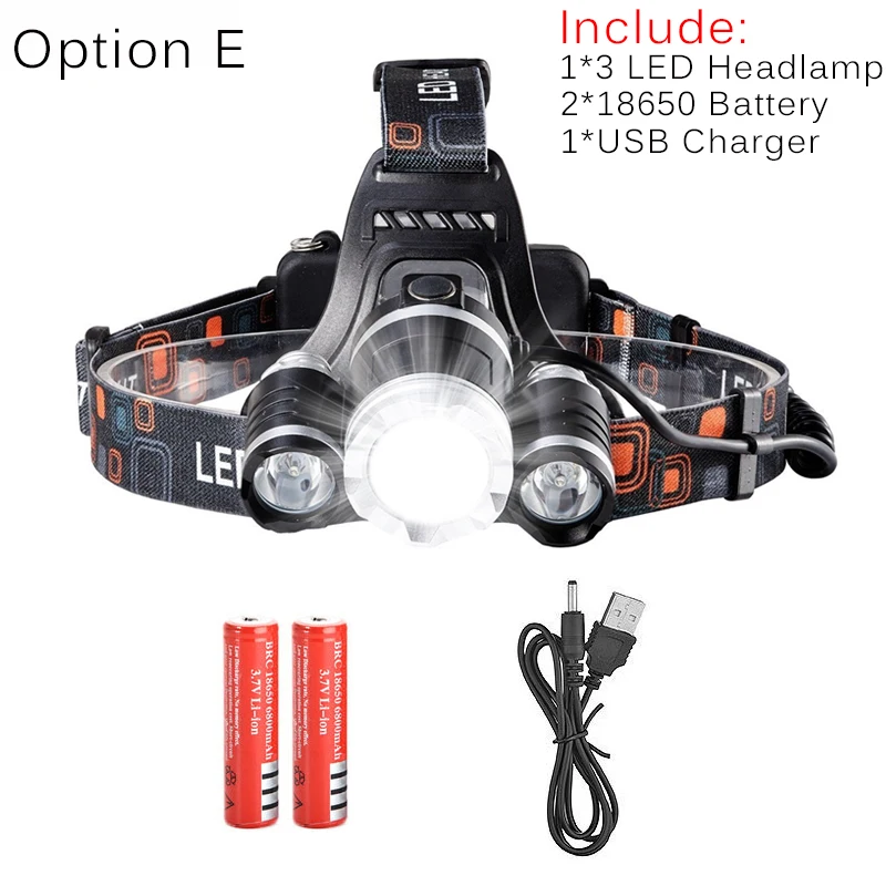 Option E 9000LM налобный фонарь светодиодный 3x XM-L T6 Водонепроницаемый 4 режима светодиодный налобный фонарь светильник для 18650 Перезаряжаемые Батарея - Испускаемый цвет: Option E