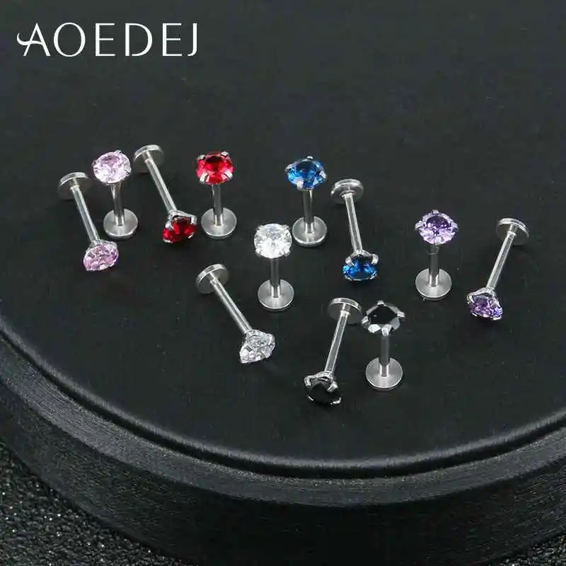 AOEDEJ 12 шт./партия, 16 г, набор кристаллических Лабрет, циркон, внутренняя резьба, губная серьга для пирсинга, из нержавеющей стали, ухо траг, серьги-гвоздики